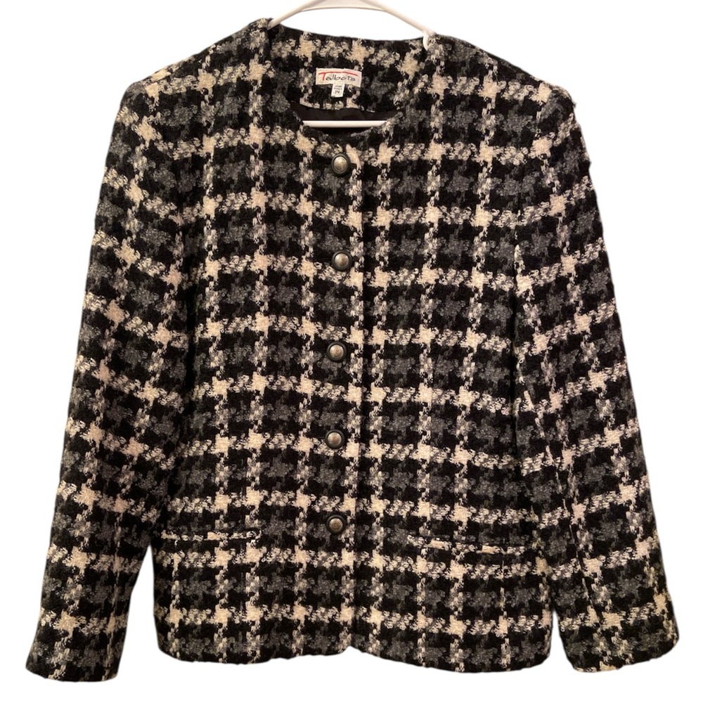 Talbots Wool Blazer Jacket Houndstooth Black Grey White Lined Classic WM SZ 14